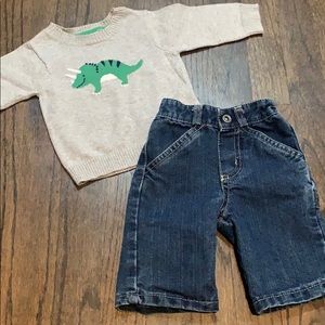Adorable Dino sweater and jeans size 3mo